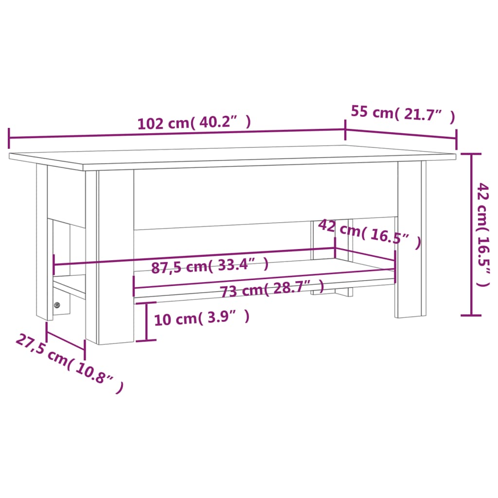 vidaXL Stolik kawowy, dąb sonoma, 102x55x42, materiał drewnopochodny