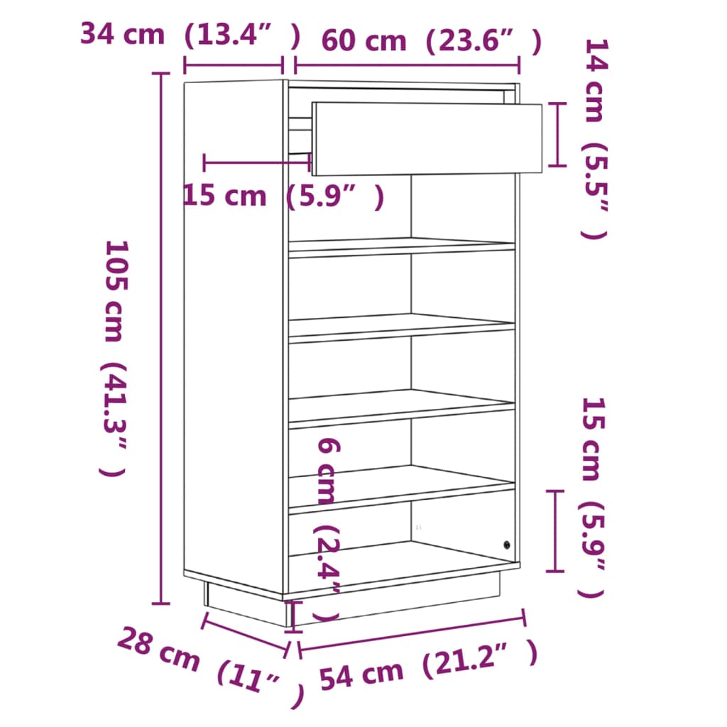 vidaXL Szafka na buty, biała, 60x34x105 cm, lite drewno sosnowe