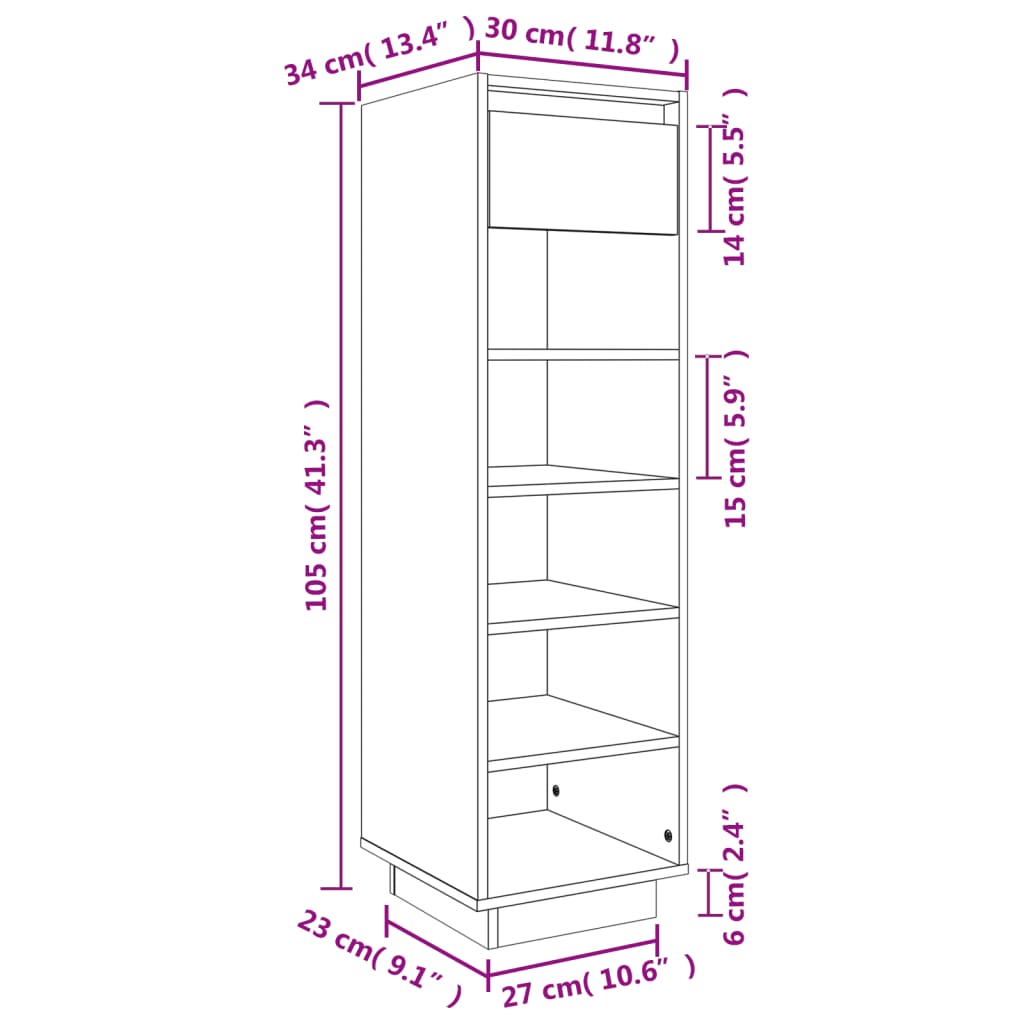 vidaXL Szafka na buty, szara, 30x34x105 cm, lite drewno sosnowe