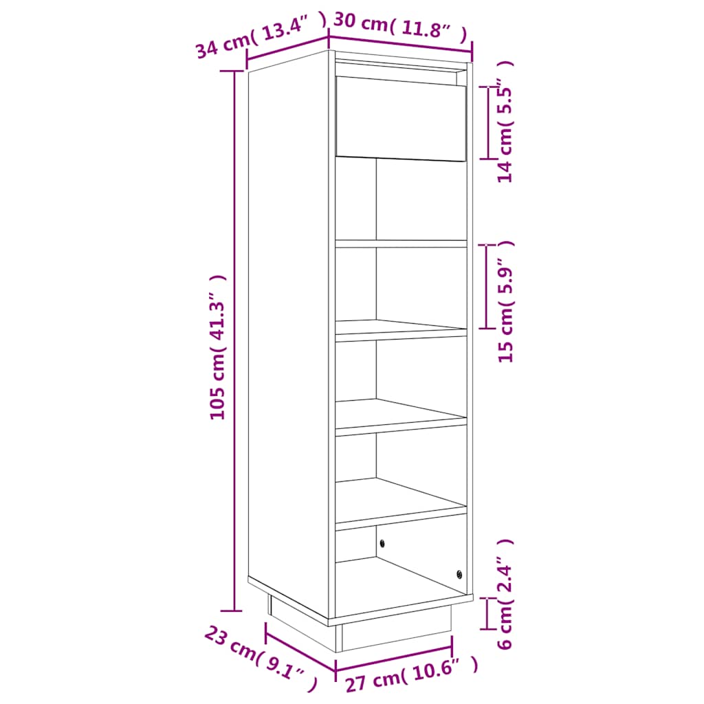 vidaXL Szafka na buty, czarna, 30x34x105 cm, lite drewno sosnowe