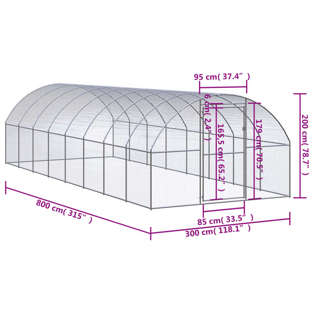 vidaXL Klatka zewnętrzna dla kurcząt, 3x8x2 m, stal galwanizowana
