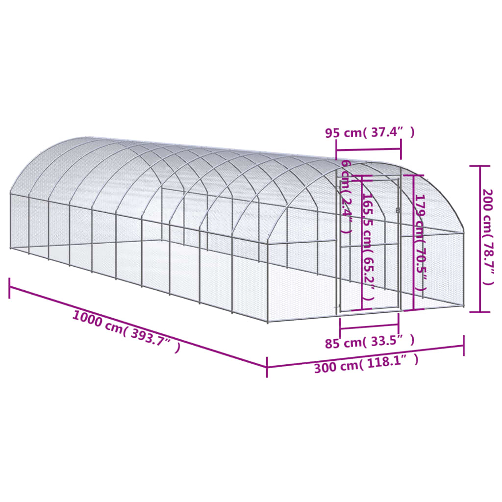 vidaXL Klatka zewnętrzna dla kurcząt, 3x10x2 m, stal galwanizowana