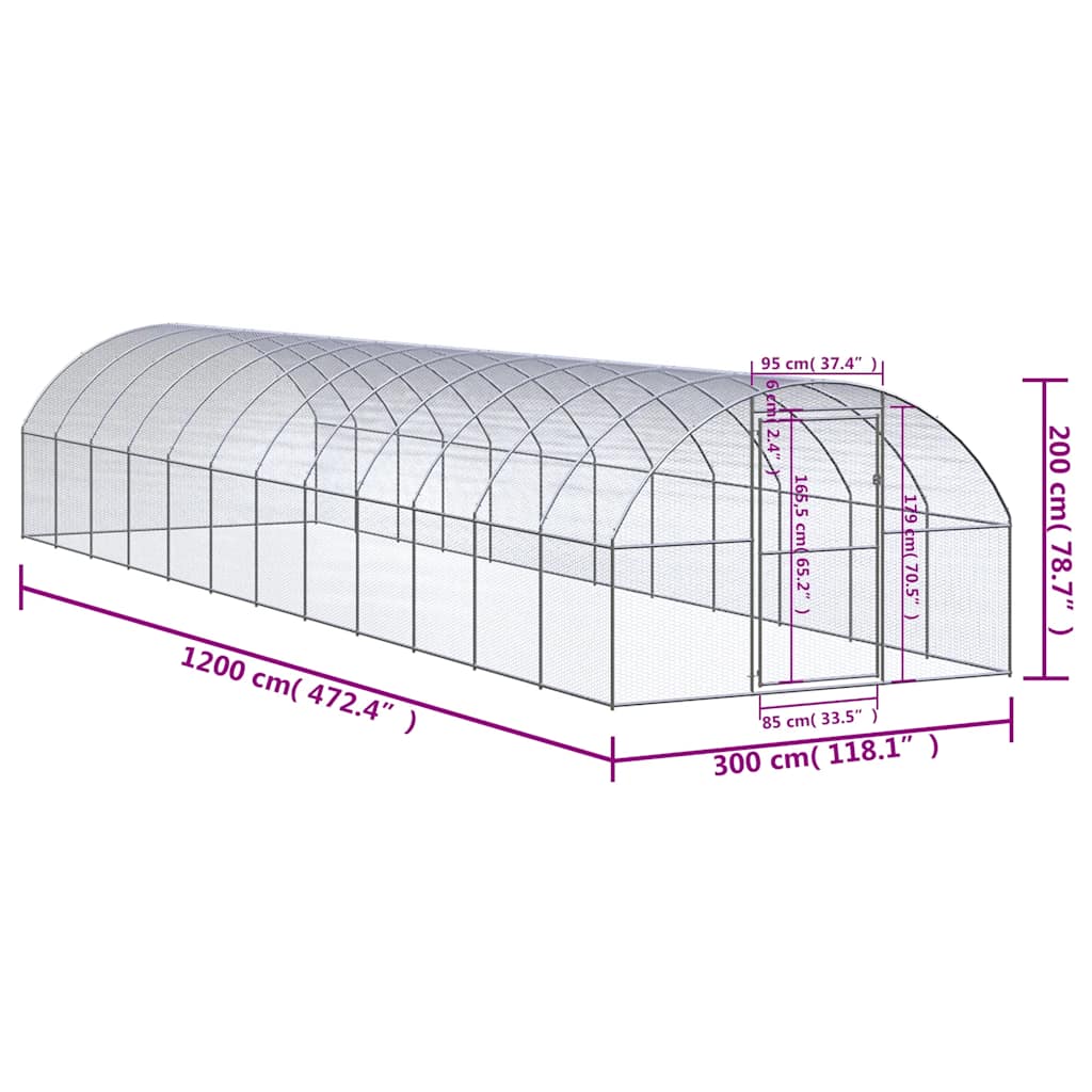 vidaXL Klatka zewnętrzna dla kurcząt, 3x12x2 m, stal galwanizowana