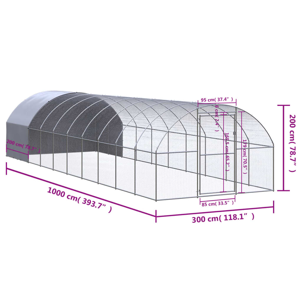 vidaXL Klatka zewnętrzna dla kurcząt, 3x10x2 m, stal galwanizowana