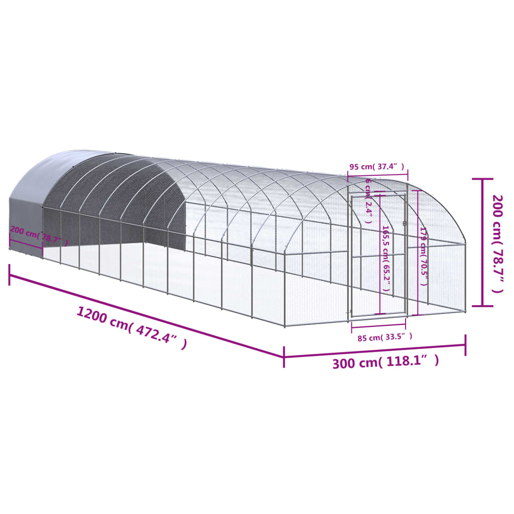 vidaXL Klatka zewnętrzna dla kurcząt, 3x12x2 m, stal galwanizowana