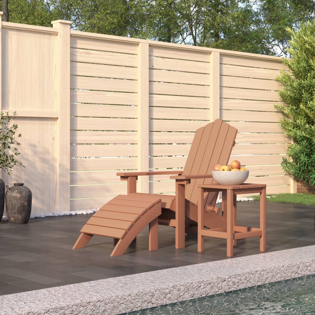 vidaXL Krzesło Adirondack z podnóżkiem i stolikiem, HDPE, brązowe