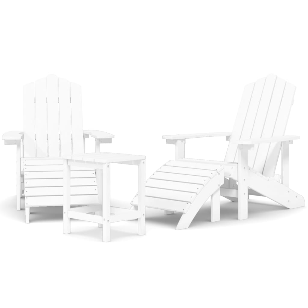 vidaXL Krzesła Adirondack z podnóżkami i stolikiem, HDPE, białe