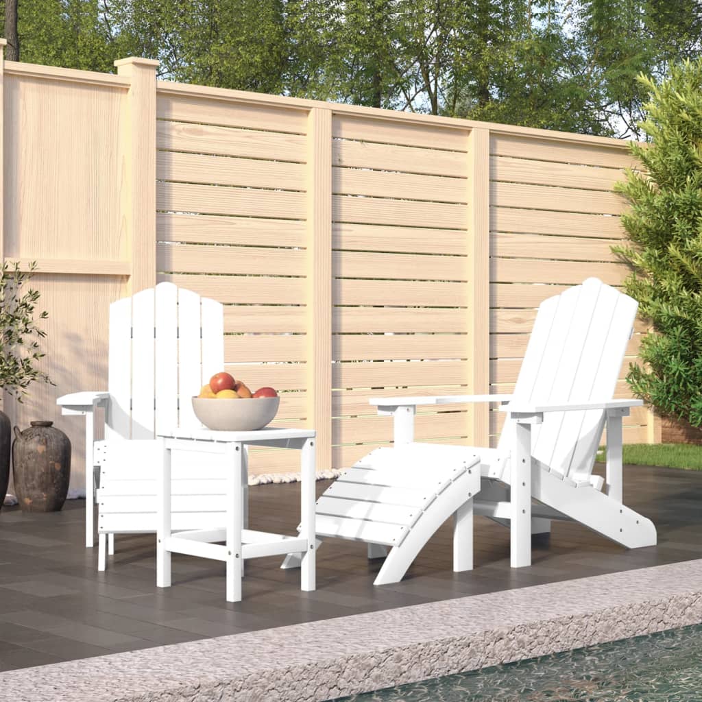 vidaXL Krzesła Adirondack z podnóżkami i stolikiem, HDPE, białe
