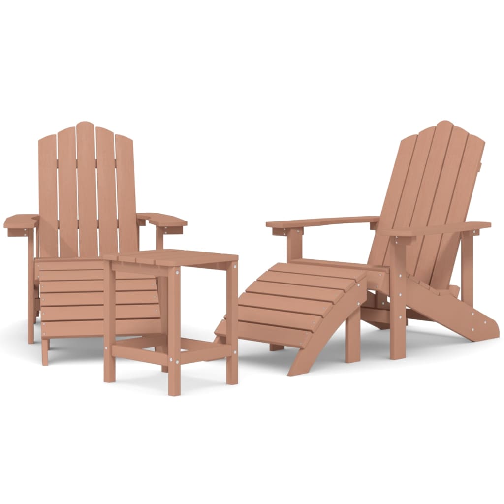 vidaXL Krzesła Adirondack z podnóżkami i stolikiem, HDPE, brązowe
