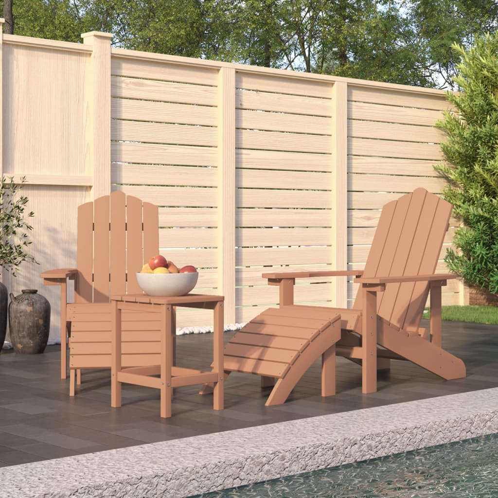 vidaXL Krzesła Adirondack z podnóżkami i stolikiem, HDPE, brązowe