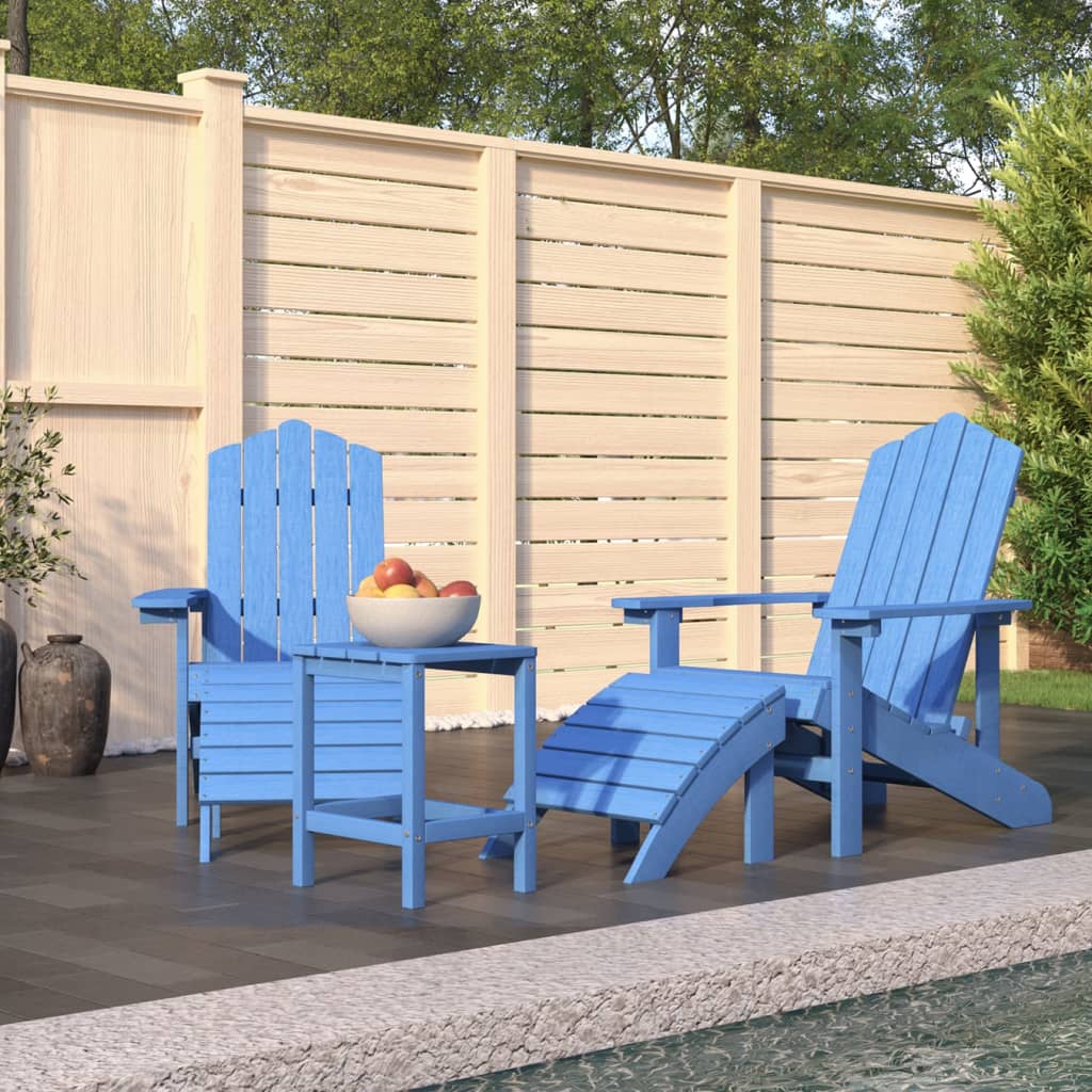 vidaXL Krzesła Adirondack z podnóżkami i stolikiem, HDPE, niebieskie