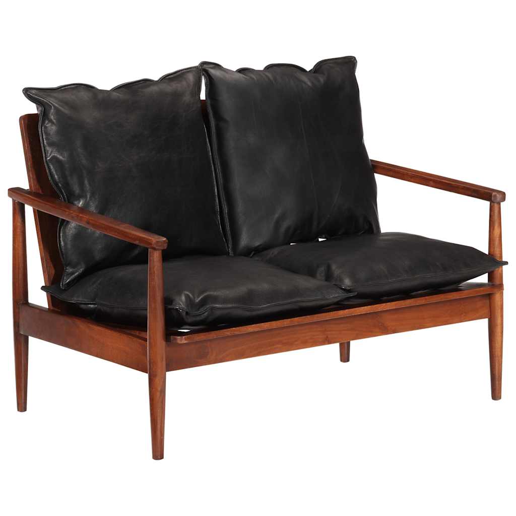vidaXL Sofa 2-osobowa, czarna, naturalna skóra i lite drewno akacjowe