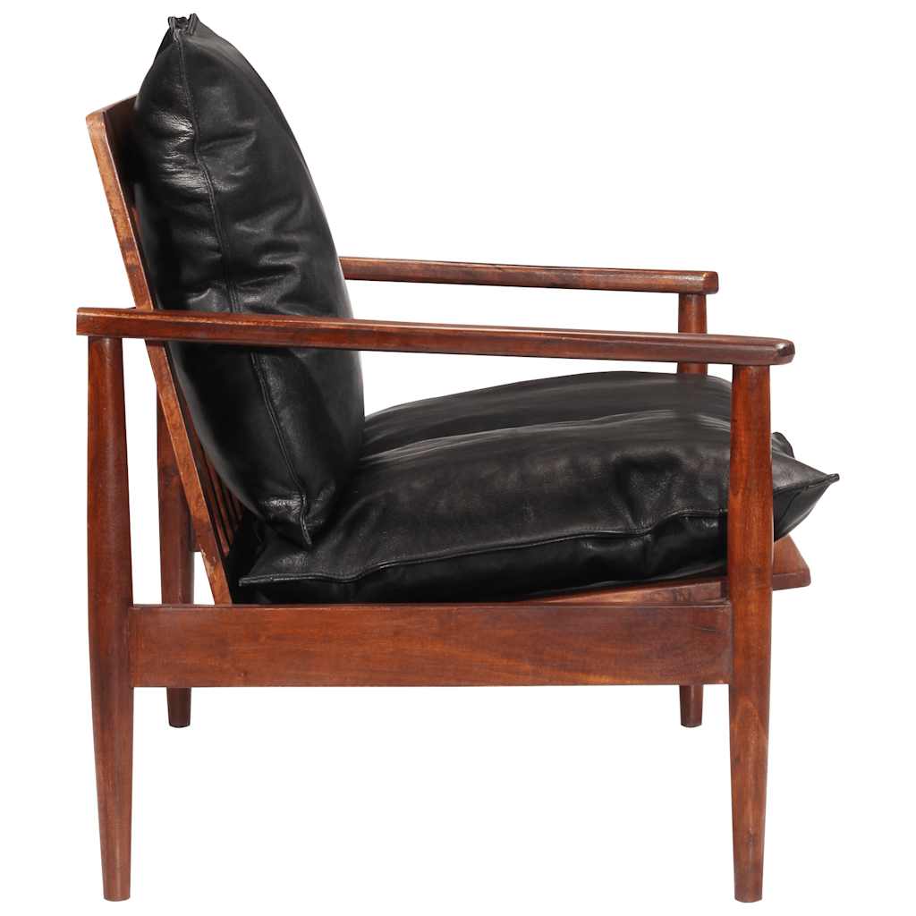 vidaXL Sofa 2-osobowa, czarna, naturalna skóra i lite drewno akacjowe