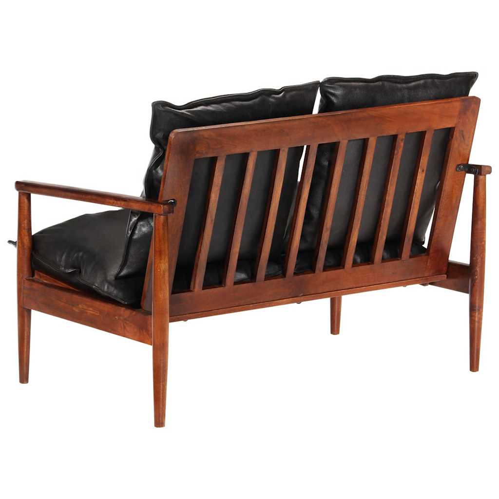 vidaXL Sofa 2-osobowa, czarna, naturalna skóra i lite drewno akacjowe