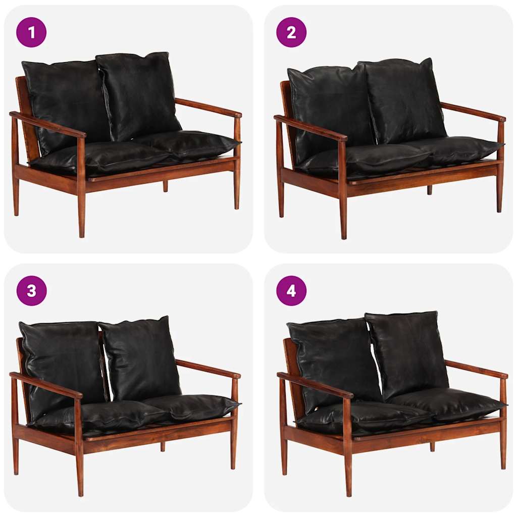 vidaXL Sofa 2-osobowa, czarna, naturalna skóra i lite drewno akacjowe