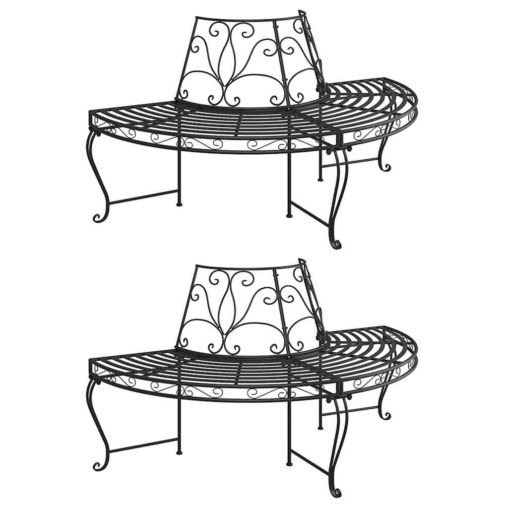 vidaXL Półokrągłe ławki pod drzewo, 2 szt., Ø160 cm, czarne, stalowe