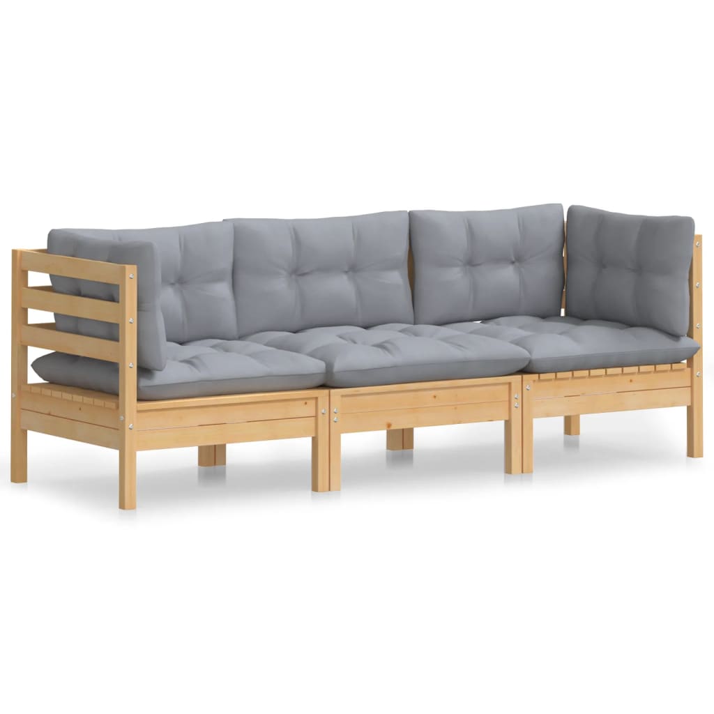 vidaXL 3-osobowa sofa ogrodowa z szarymi poduszkami, drewno sosnowe