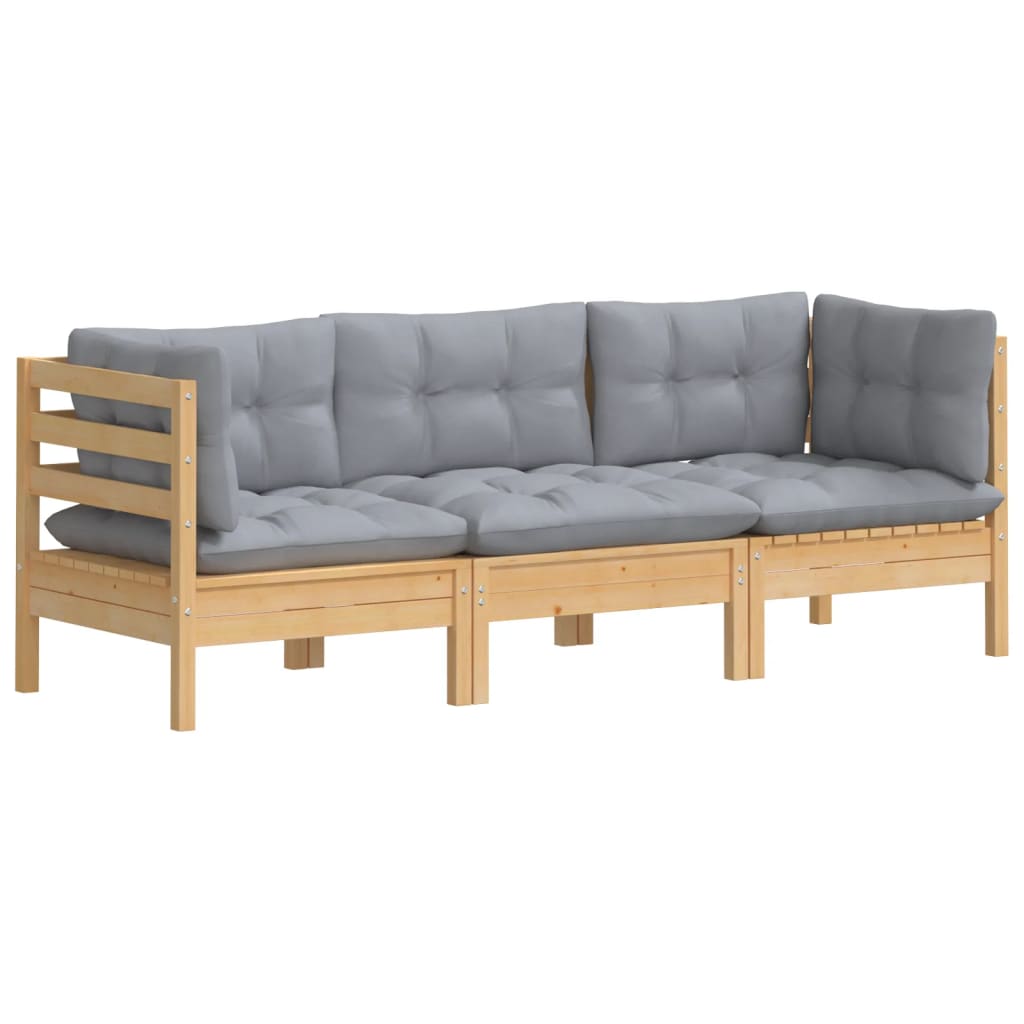 vidaXL 3-osobowa sofa ogrodowa z szarymi poduszkami, drewno sosnowe