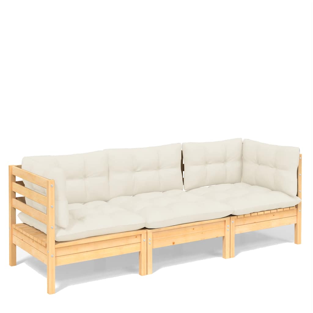 vidaXL 3-osobowa sofa ogrodowa z kremowymi poduszkami, drewno sosnowe