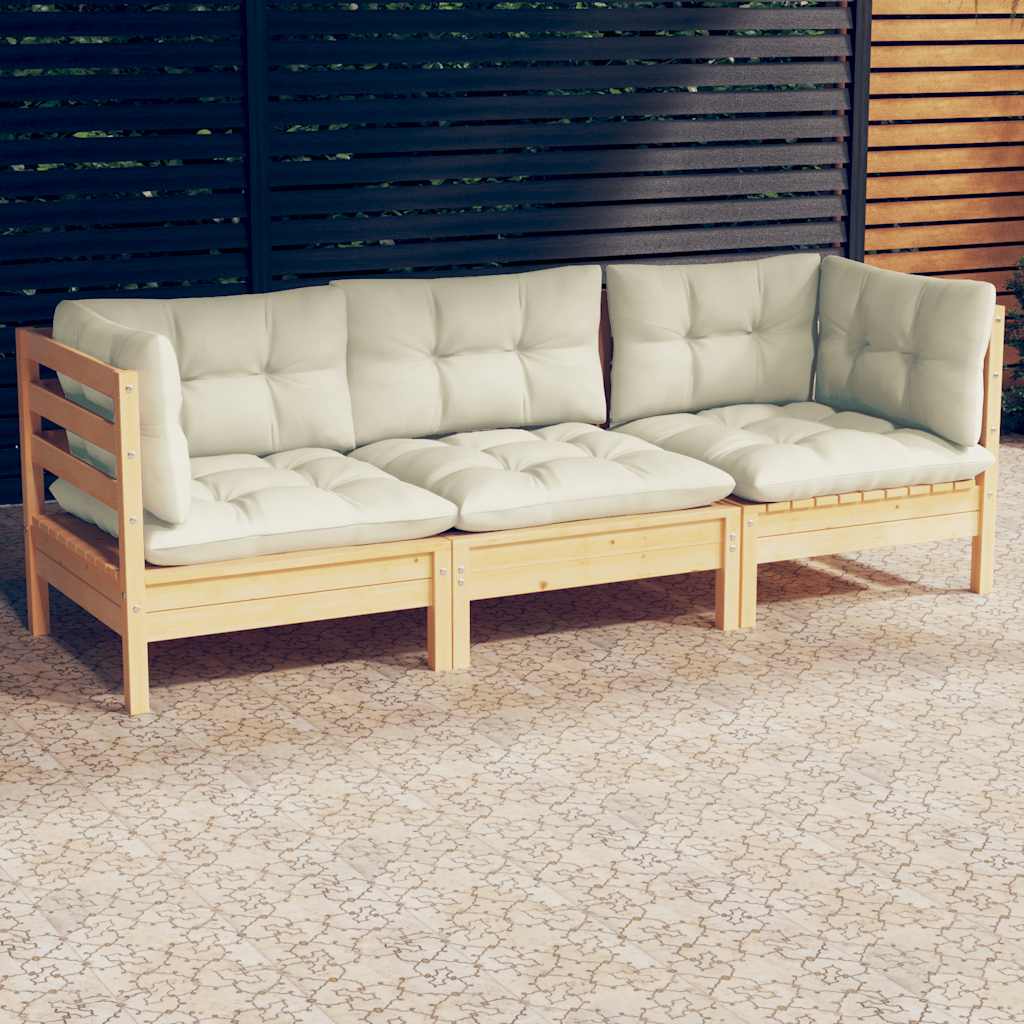 vidaXL 3-osobowa sofa ogrodowa z kremowymi poduszkami, drewno sosnowe