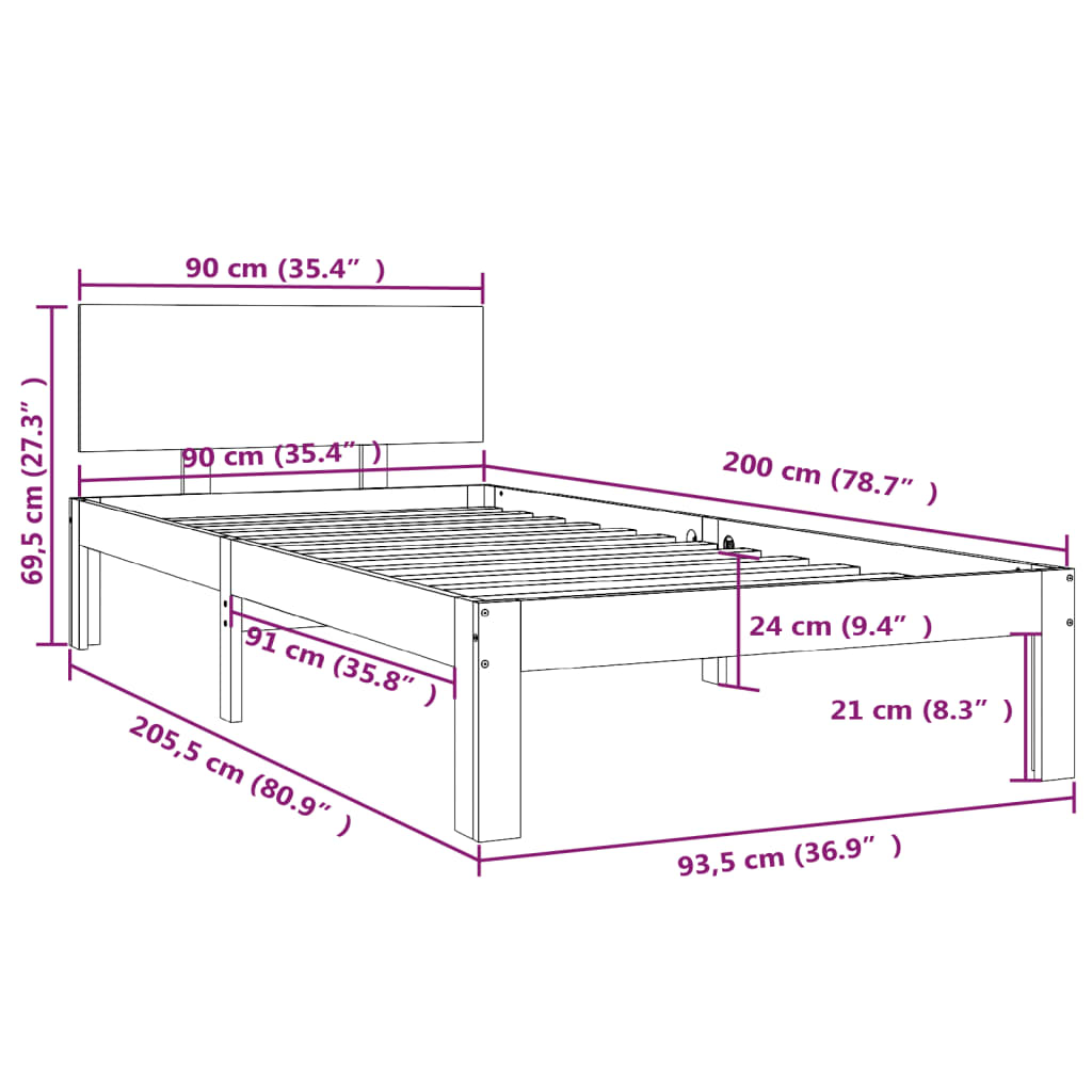 vidaXL Rama łóżka, biała, lite drewno sosnowe, 90 x 200 cm