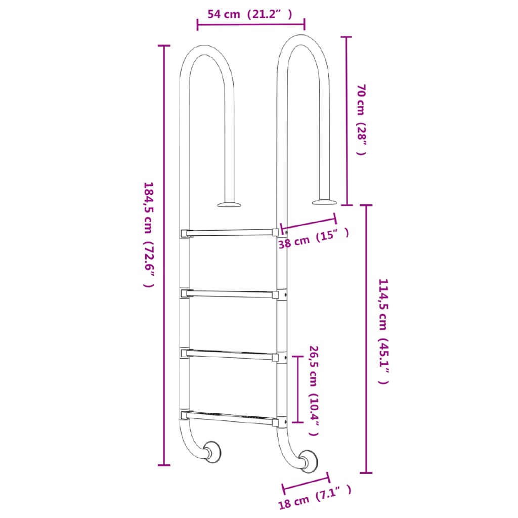 vidaXL Drabinka do basenu, 54x38x184,5 cm, stal nierdzewna 304