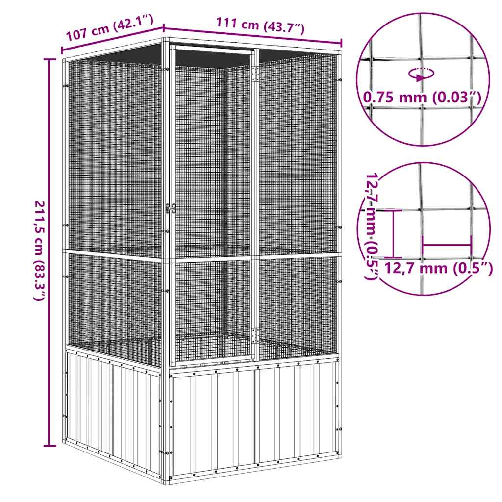 vidaXL Woliera, szara, 111x107x211,5 cm, galwanizowana stal