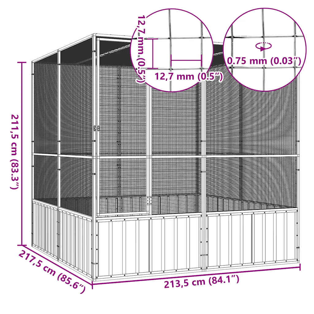 vidaXL Woliera, szara, 213,5x217,5x211,5 cm, galwanizowana stal