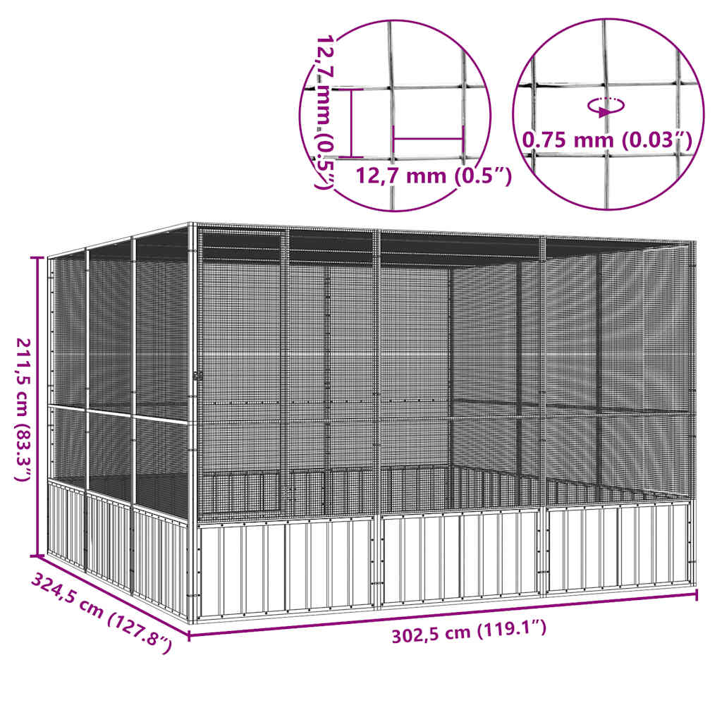 vidaXL Woliera, szara, 302,5x324,5x211,5 cm, galwanizowana stal