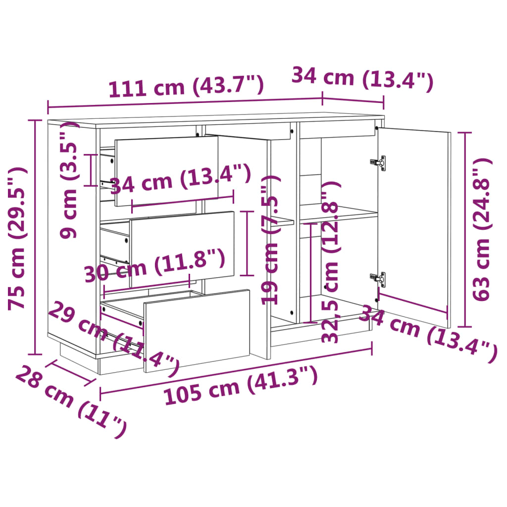 vidaXL Szafka, 111x34x75 cm, lite drewno sosnowe
