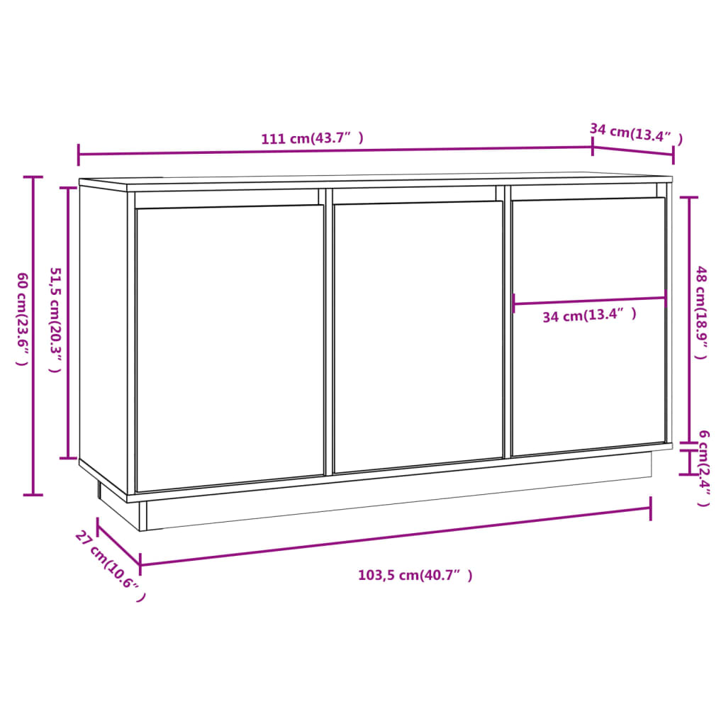 vidaXL Szafka, 111x34x60 cm, lite drewno sosnowe