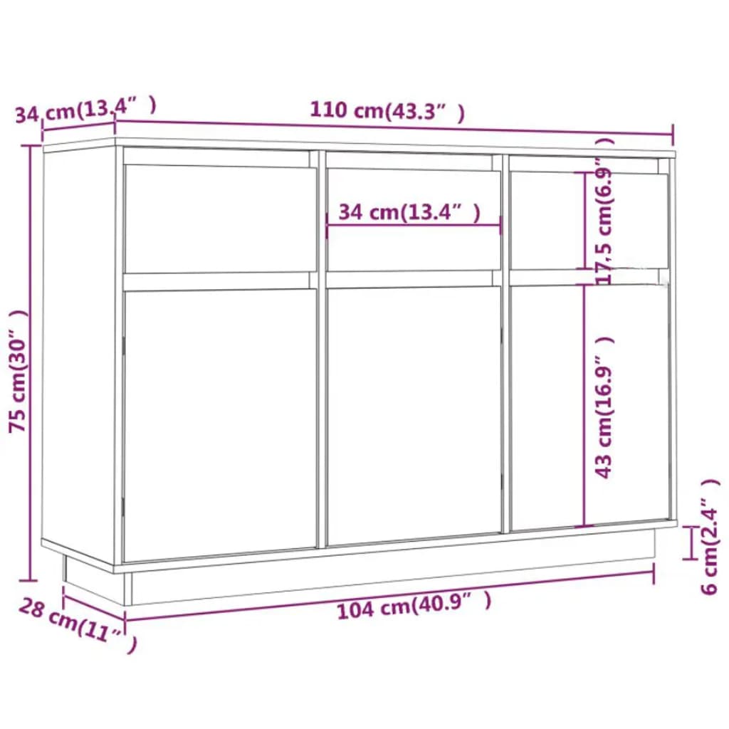 vidaXL Szafka, 111x36x75 cm, lite drewno sosnowe