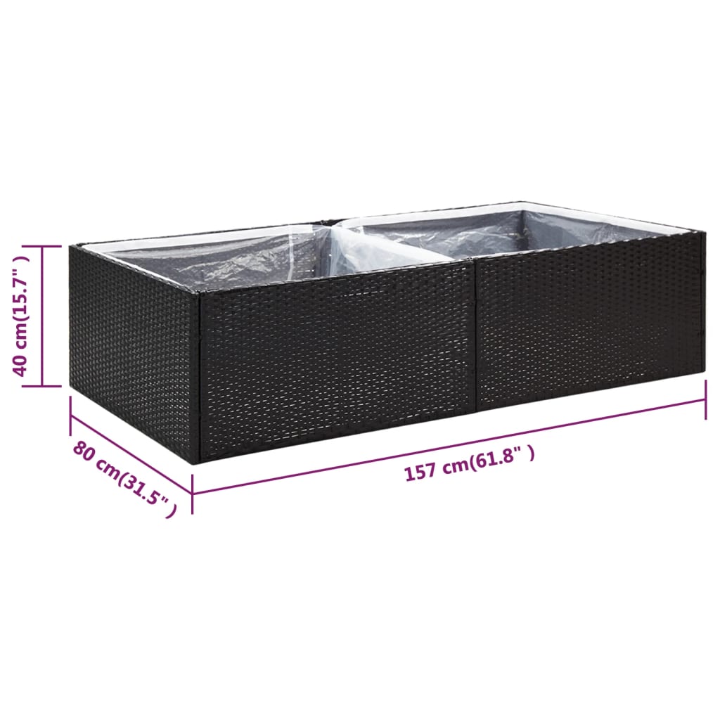 vidaXL Donica ogrodowa, czarna, 157x80x40 cm, rattan PE