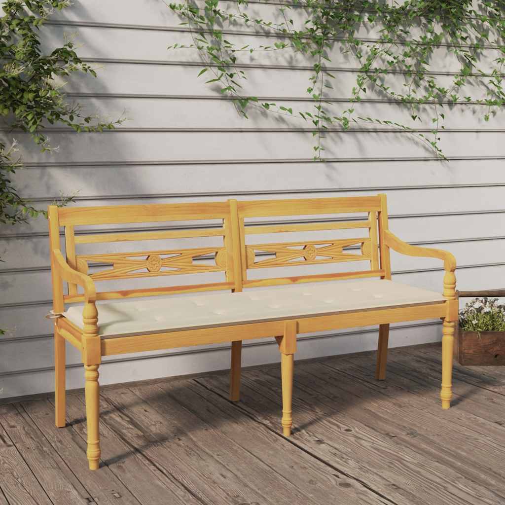 vidaXL Ławka Batavia z kremowa poduszką, 150 cm, lite drewno tekowe