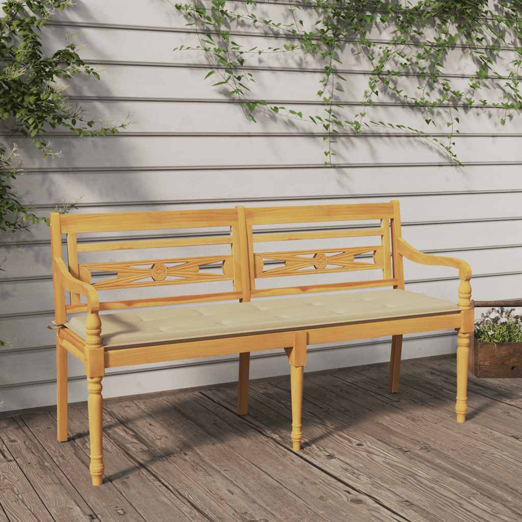 vidaXL Ławka Batavia z beżową poduszką, 150 cm, lite drewno tekowe