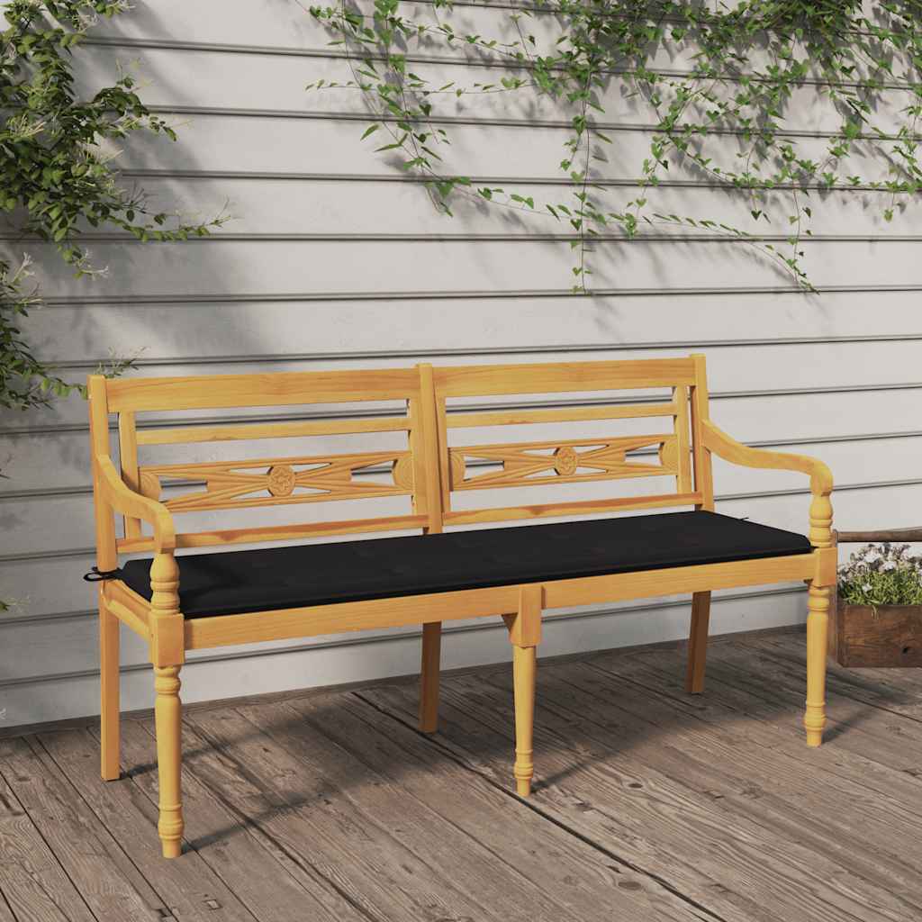 vidaXL Ławka Batavia z czarna poduszką, 150 cm, lite drewno tekowe