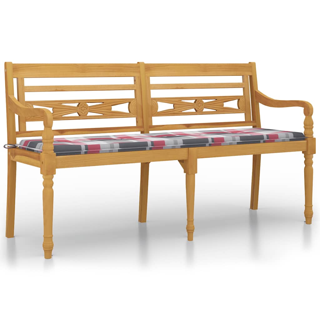 vidaXL Ławka Batavia z poduszką w czerwoną kratę, 150 cm, lity tek