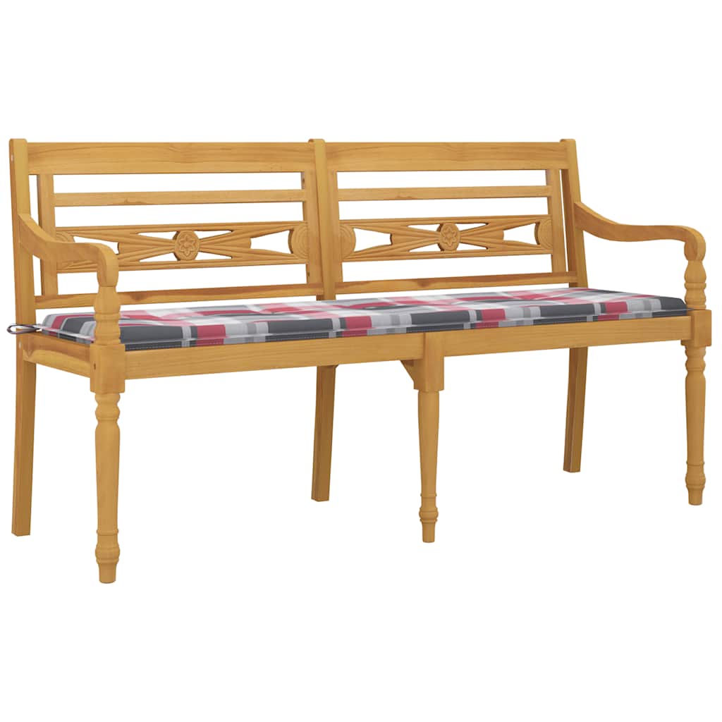 vidaXL Ławka Batavia z poduszką w czerwoną kratę, 150 cm, lity tek