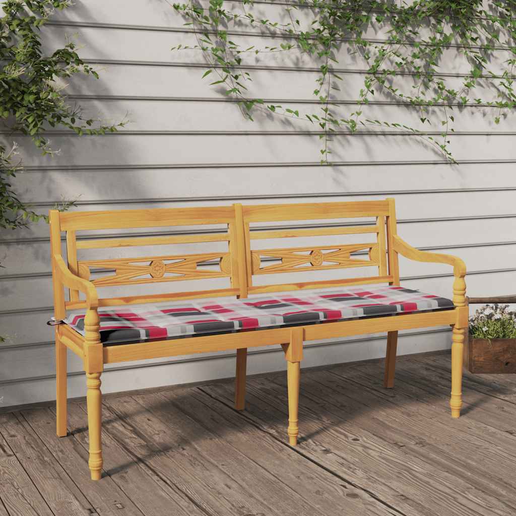 vidaXL Ławka Batavia z poduszką w czerwoną kratę, 150 cm, lity tek