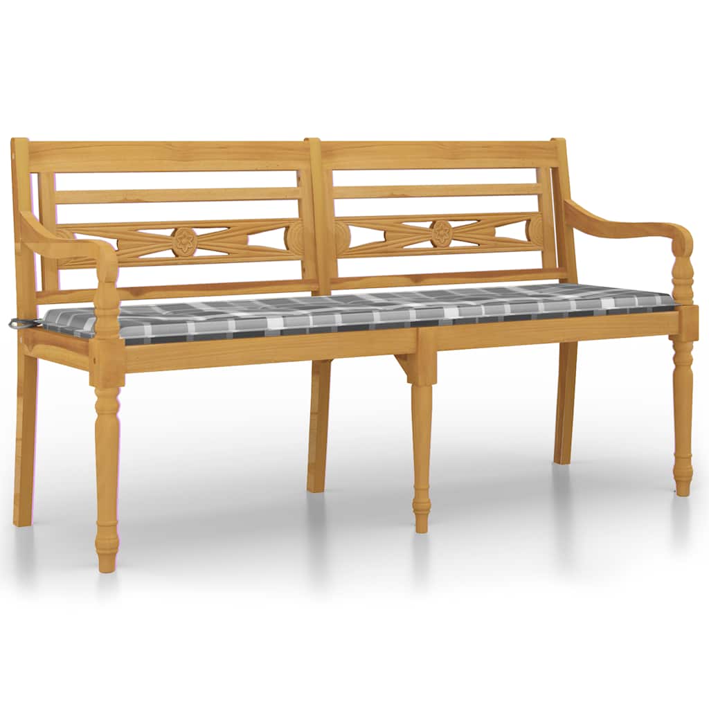 vidaXL Ławka Batavia z poduszką w szarą kratę, 150 cm, lity tek