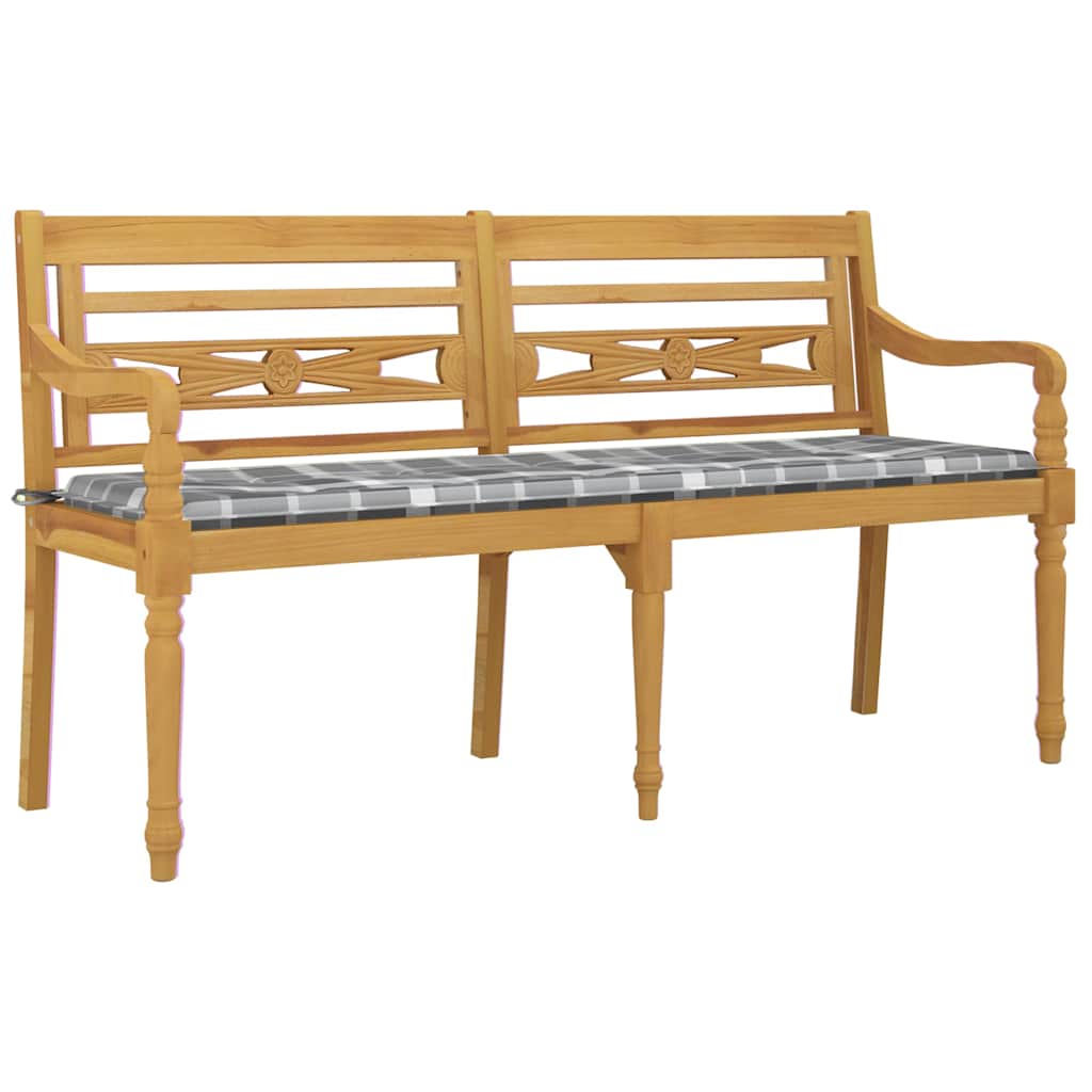 vidaXL Ławka Batavia z poduszką w szarą kratę, 150 cm, lity tek