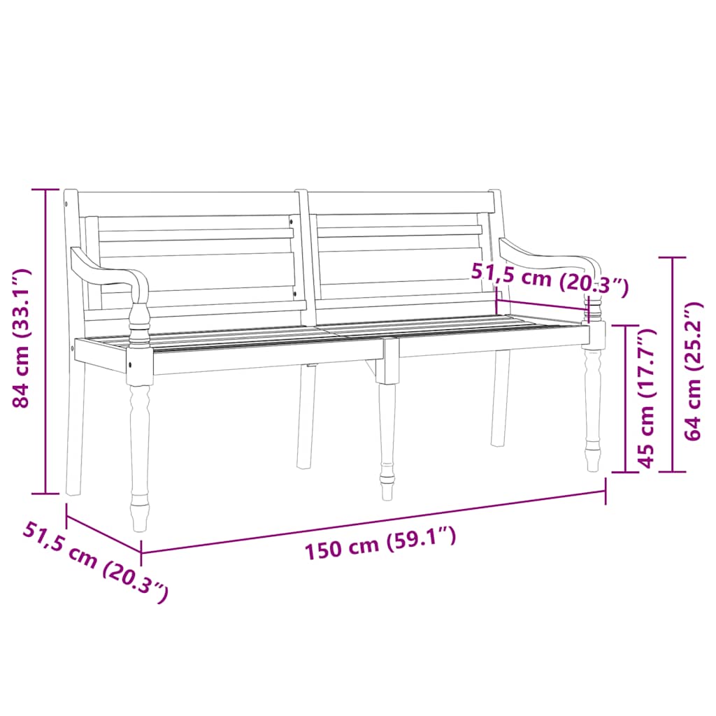 vidaXL Ławka Batavia z poduszką w szarą kratę, 150 cm, lity tek