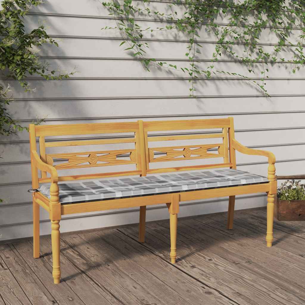vidaXL Ławka Batavia z poduszką w szarą kratę, 150 cm, lity tek