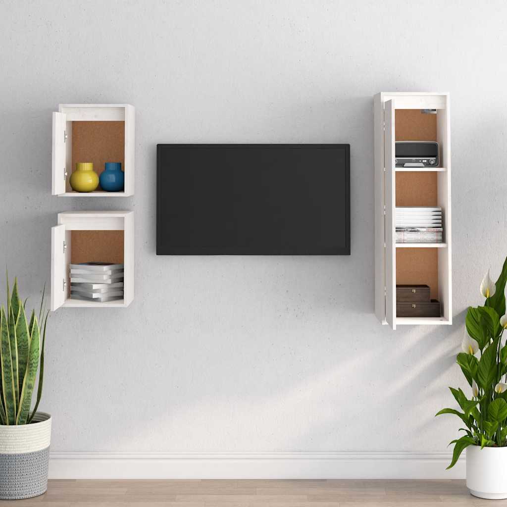 vidaXL Szafki pod TV, 3 szt., białe, lite drewno sosnowe