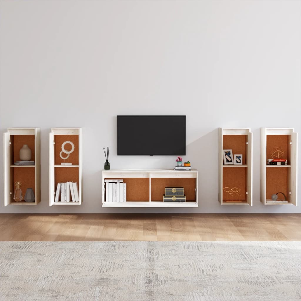 vidaXL Szafki pod TV, 5 szt., białe, lite drewno sosnowe