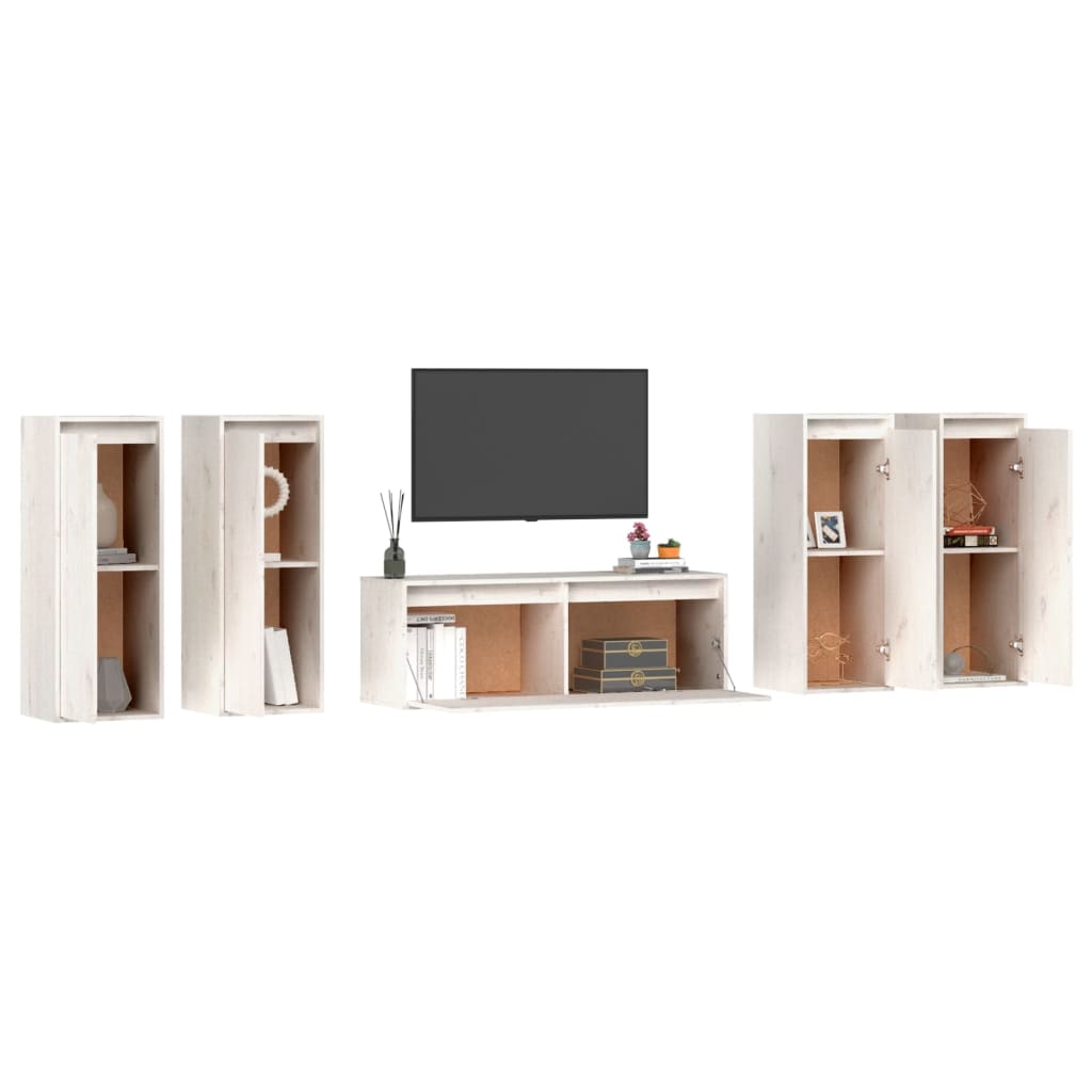 vidaXL Szafki pod TV, 5 szt., białe, lite drewno sosnowe