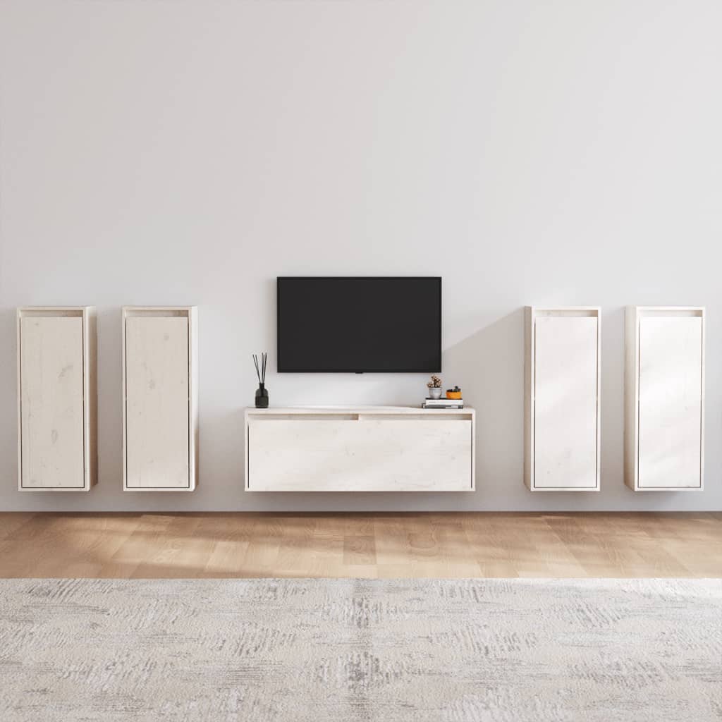 vidaXL Szafki pod TV, 5 szt., białe, lite drewno sosnowe