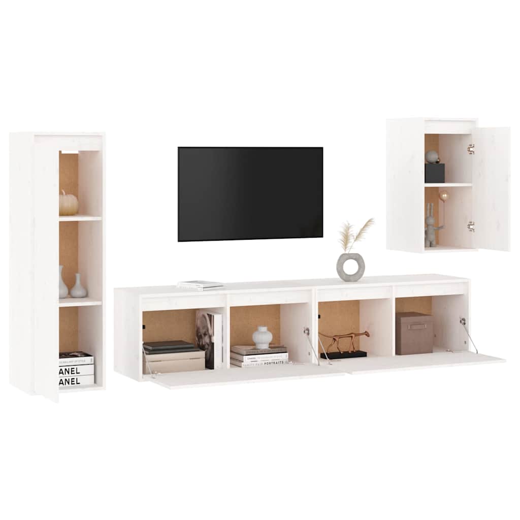 vidaXL Szafki pod TV, 4 szt., białe, lite drewno sosnowe