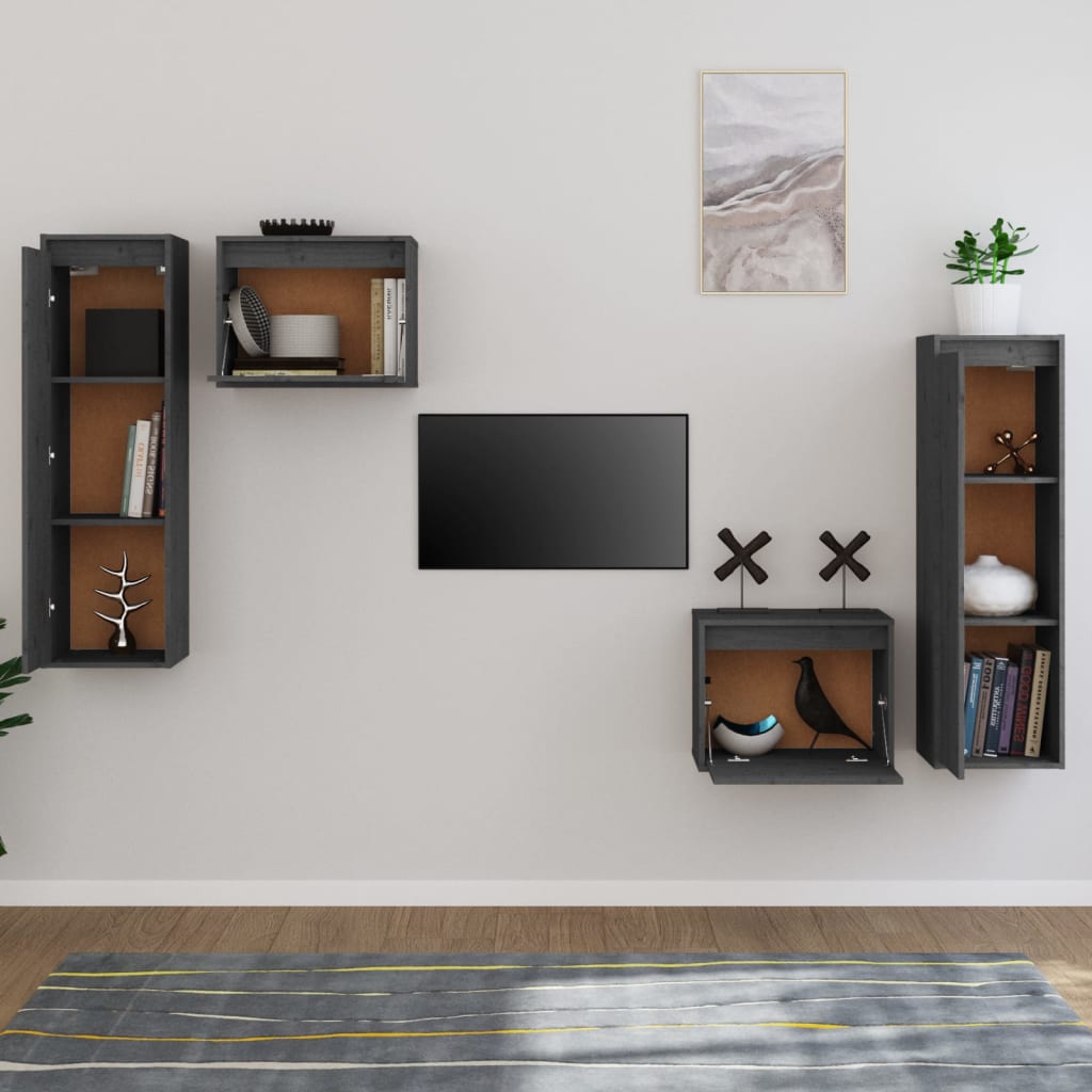 vidaXL Szafki pod TV, 4 szt., szare, lite drewno sosnowe