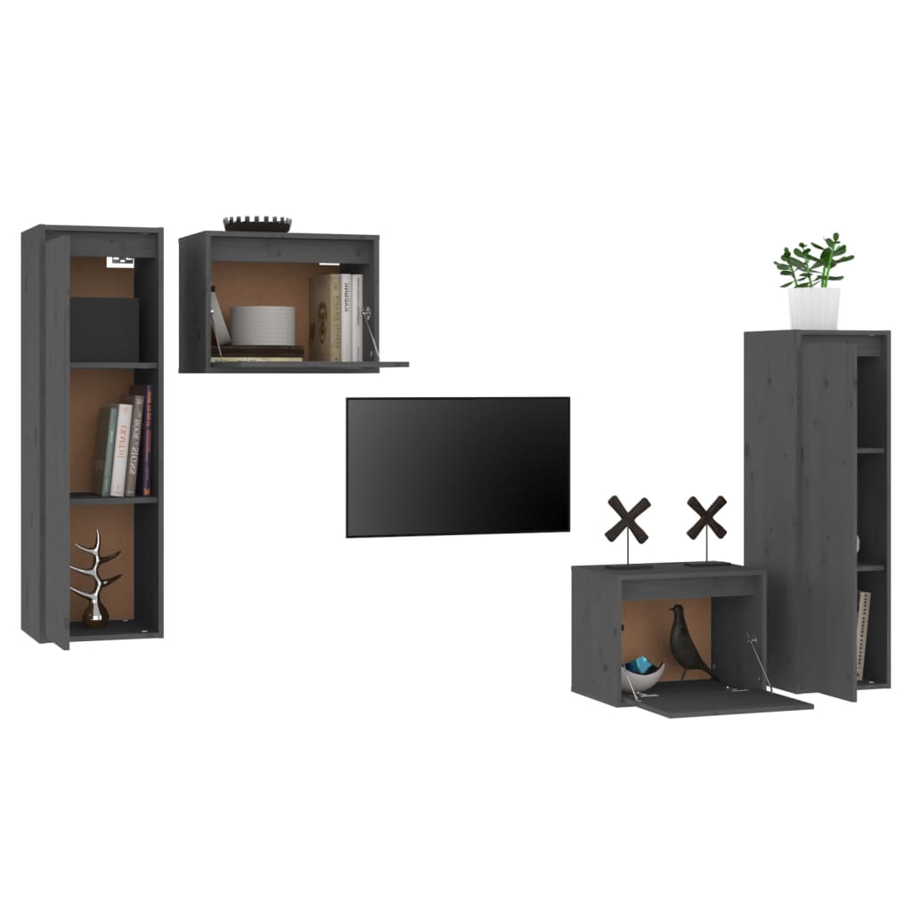 vidaXL Szafki pod TV, 4 szt., szare, lite drewno sosnowe